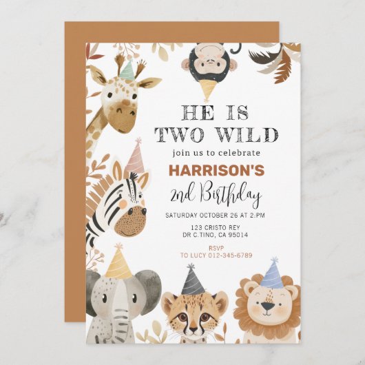 2ワイルドジャングルサファリアニマルズ誕生日 招待状 (正面/裏面)