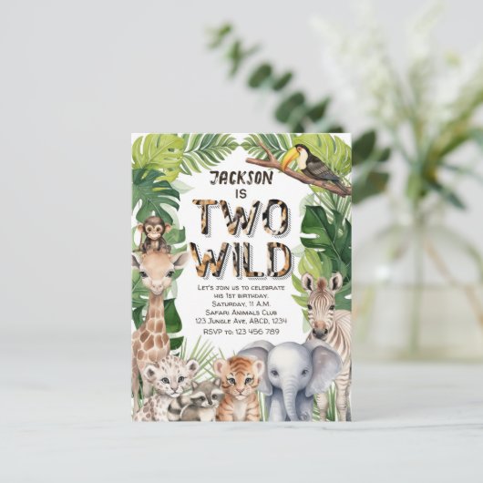 2ワイルドジャングルサファリ、男の子2歳の誕生日 インビテーションポストカード (スタンド正面)