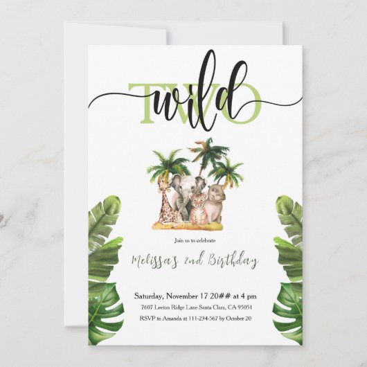 2ワイルドセカンドサファリ動物の誕生日パーティー 招待状 (正面)