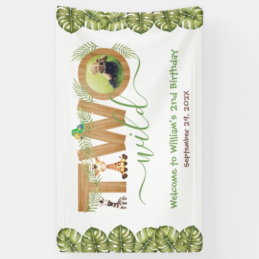 2ワイルドセカンド誕生日サファリ動物フォトウッド 横断幕 (縦)