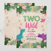 2ワイルドディノパーティーガールピンク恐竜誕生日 招待状 (正面/裏面)