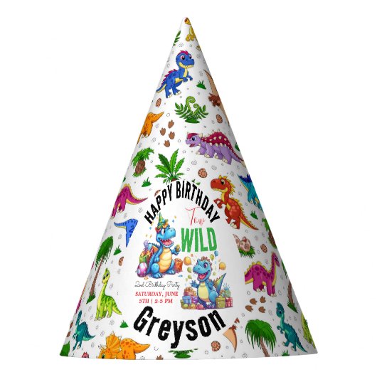 2ワイルドディノパーティー少年の恐竜2番目の誕生日 パーティーハット (正面)