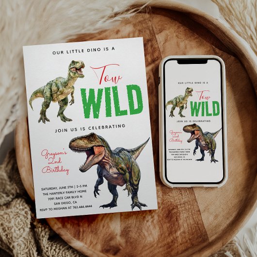 2ワイルドディノパーティー少年の恐竜2番目の誕生日 招待状