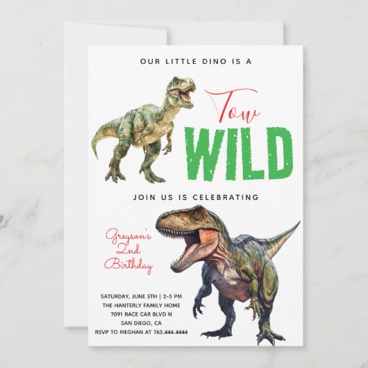 2ワイルドディノパーティー少年の恐竜2番目の誕生日 招待状 (正面)