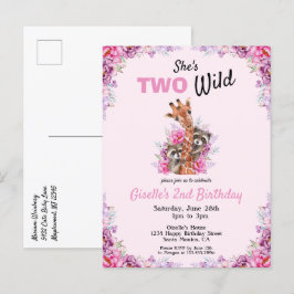 2ワイルドピンクサファリキリンフローラ誕生日パーティー インビテーションポストカード
