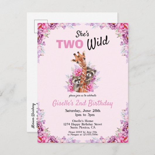 2ワイルドピンクサファリキリンフローラ誕生日パーティー インビテーションポストカード (正面/裏面)