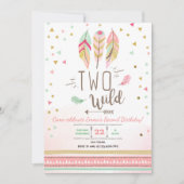 2ワイルド誕生日ガールピンク金ゴールド2ndボーホフェザー 招待状 (正面)