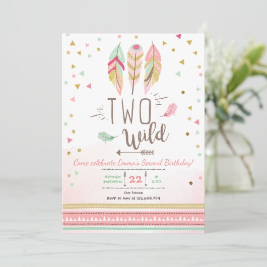 2ワイルド誕生日ガールピンク金ゴールド2ndボーホフェザー 招待状 (スタンド正面)
