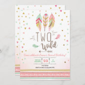 2ワイルド誕生日ガールピンク金ゴールド2ndボーホフェザー 招待状 (正面/裏面)