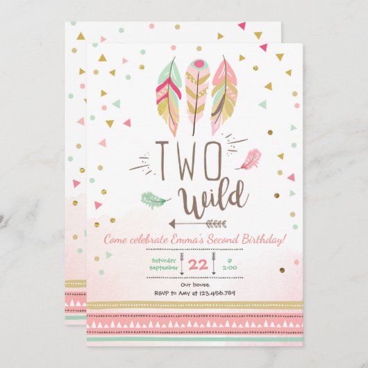 2ワイルド誕生日ガールピンク金ゴールド2ndボーホフェザー 招待状 (正面/裏面)