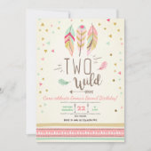 2ワイルド誕生日ガールピンク金ゴールド2ndボーホフェザー 招待状 (正面)