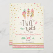 2ワイルド誕生日ガールピンク金ゴールド2ndボーホフェザー 招待状 (正面/裏面)