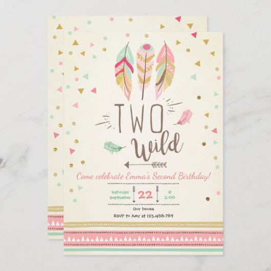 2ワイルド誕生日ガールピンク金ゴールド2ndボーホフェザー 招待状 (正面/裏面)