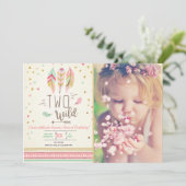 2ワイルド誕生日ガールピンク金ゴールド2ndボーホフェザー 招待状 (スタンド正面)