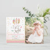 2ワイルド誕生日ガールピンク金ゴールド2ndボーホフェザー 招待状 (スタンド正面)