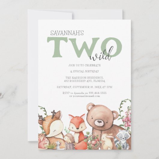 2ワイルド |ウッドランド動物子供の誕生日パーティー 招待状 (正面)