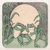 2ヴィンテージおもしろいラブグリーンフログムーン スクエアペーパーコースター (正面)