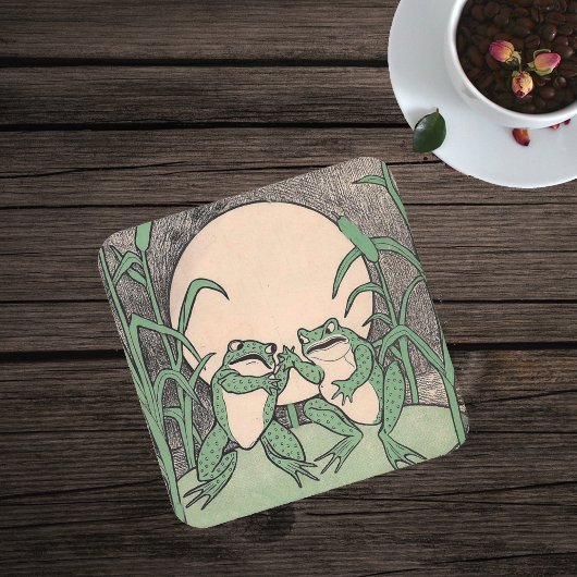 2ヴィンテージおもしろいラブグリーンフログムーン スクエアペーパーコースター