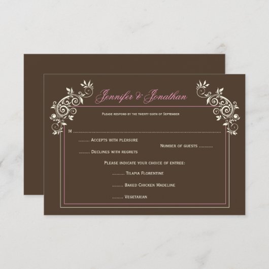 #2ヴィンテージのブラウンのアイボリーのピンクはRSVP渦巻きます 出欠カード (正面/裏面)