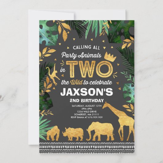 2人で野生の誕生日招待状ジャングル動物 招待状 (正面)
