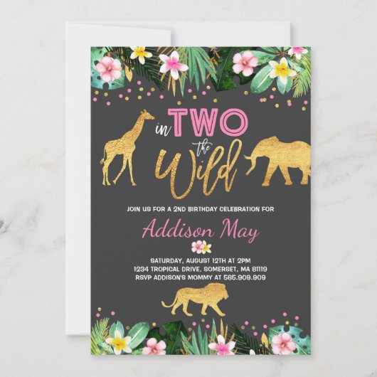 2人で野生の誕生日招待状ジャングル動物 招待状 (正面)