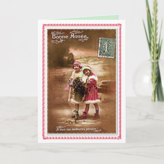 2人のかわいい小さな女の子による1910フランスのな明けましておめでとう シーズンカード (正面)