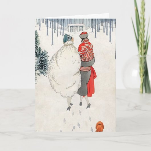 2人のアールデコの女性が雪の上を歩く 1923年のホリデーシーズン シーズンカード (正面)