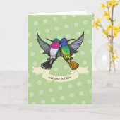 2人のカラフルな浮かぶハチドリの友人の漫画 カード (黄色い花)