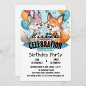 2人のキツネと風船2人の誕生日パーティー 招待状 (正面/裏面)