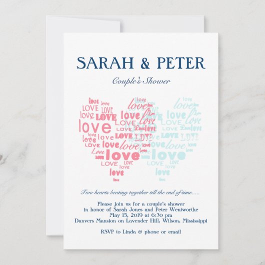 2人のハートが一緒に打ち鳴らす/甘いカップルがシャワーを浴びる 招待状 (正面)