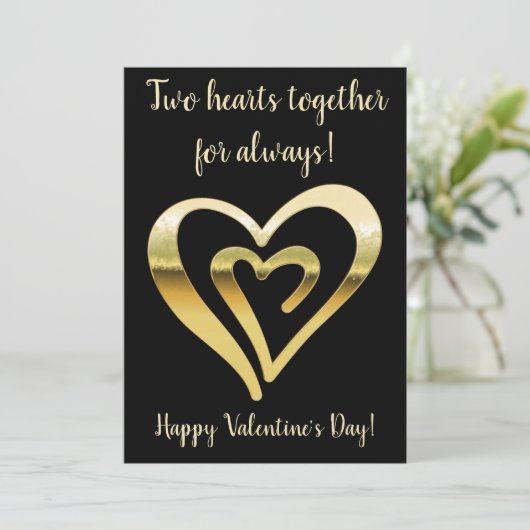2人のハートが一緒に金属金ゴールドのバレンタインデー シーズンカード (スタンド正面)