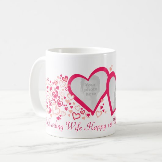 2人のハート結婚1周年記念写真マグ コーヒーマグカップ (正面左)