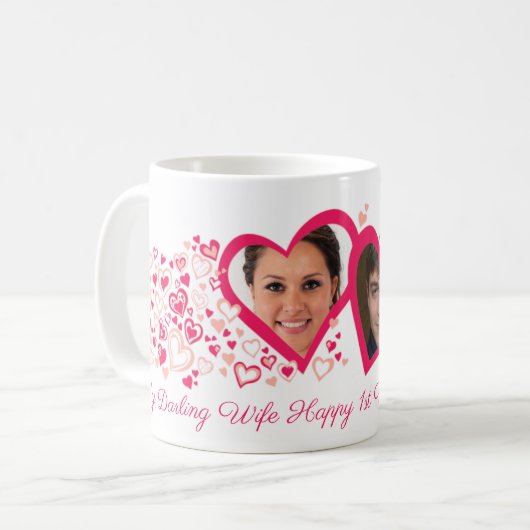 2人のハート結婚1周年記念写真マグ コーヒーマグカップ (正面左)