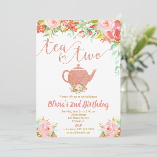2人のバラ金ゴールド誕生日の招待状の女の子のためのお茶 招待状 (スタンド正面)