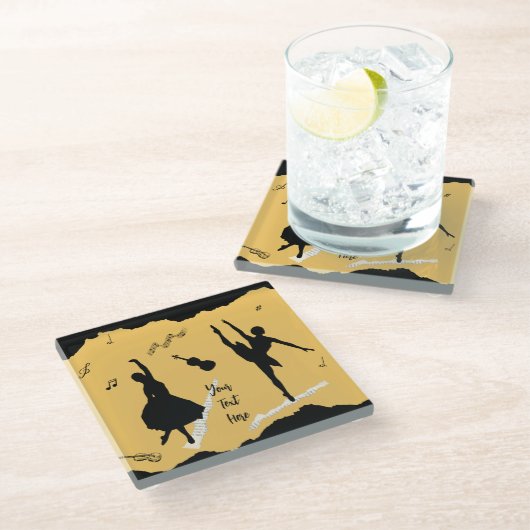 2人のバレエダンサーとゴールデンベージュカラーの音楽 ガラスコースター (アングル)