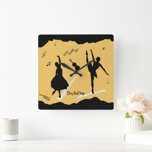 2人のバレエダンサーとゴールデンベージュカラーの音楽 スクエア壁時計 (ホーム)