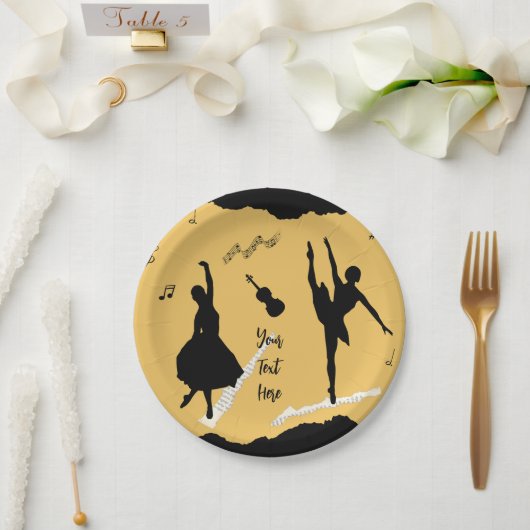 2人のバレエダンサーとゴールデンベージュカラーの音楽 ペーパープレート (ウェディング)