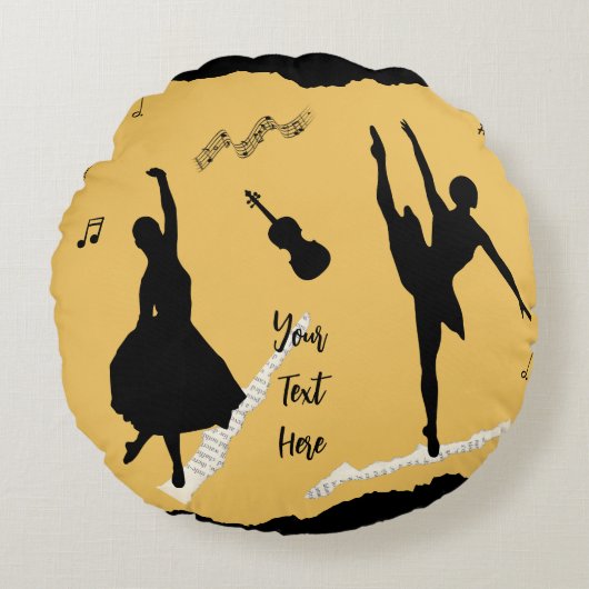 2人のバレエダンサーとゴールデンベージュカラーの音楽 ラウンドクッション (正面)