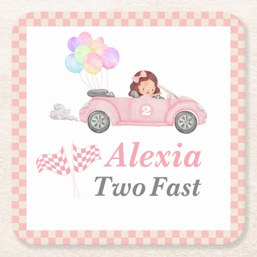 2人のファストピンクのレースカーガールを育てる2日目 スクエアペーパーコースター (正面)