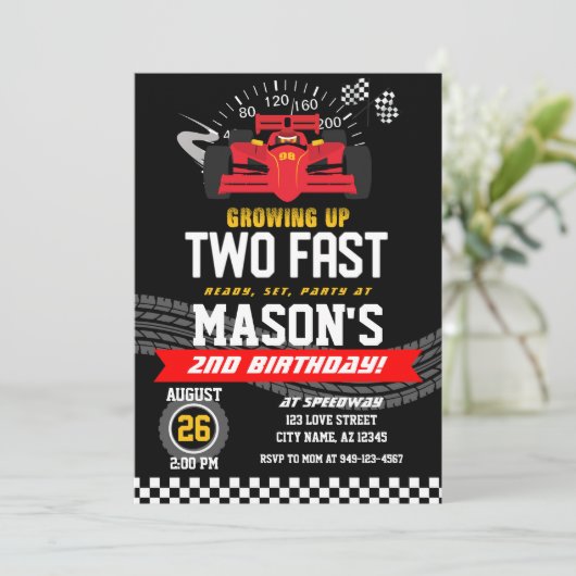 2人のファストボーイズ赤いレーシングカー2歳の誕生日 招待状 (スタンド正面)