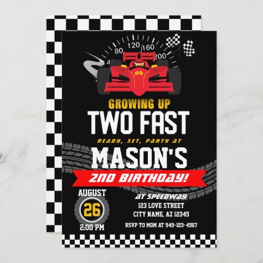 2人のファストボーイズ赤いレーシングカー2歳の誕生日 招待状 (正面/裏面)