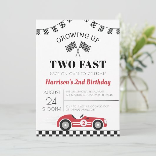 2人のファストレースカー少年2歳の誕生日 招待状 (スタンド正面)