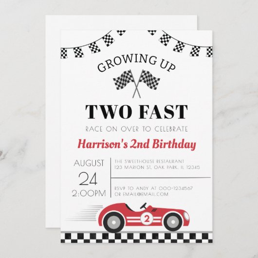 2人のファストレースカー少年2歳の誕生日 招待状 (正面/裏面)