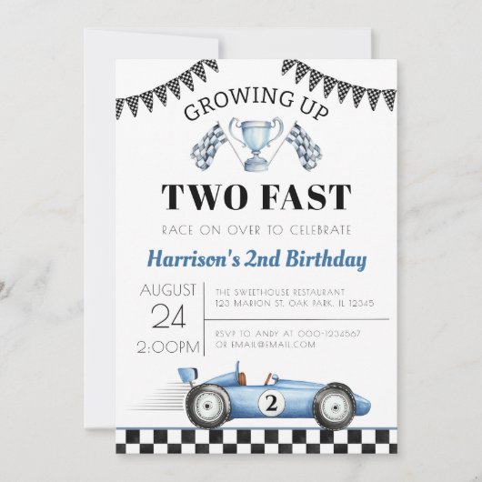 2人のファストレースカー少年2歳の誕生日 招待状 (正面)