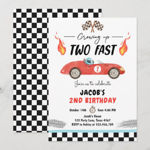 2人のファスト・バースデー・パーティーのレースカー、2歳の誕生日インビ 招待状