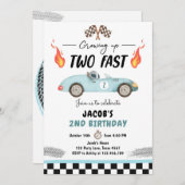 2人のファスト・バースデー・パーティー、ブルー・レース・カー、2歳の誕生日 招待状 (正面/裏面)