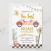 2人のファーストボーイセカンド誕生日レトロレーシングカー 招待状 (正面)