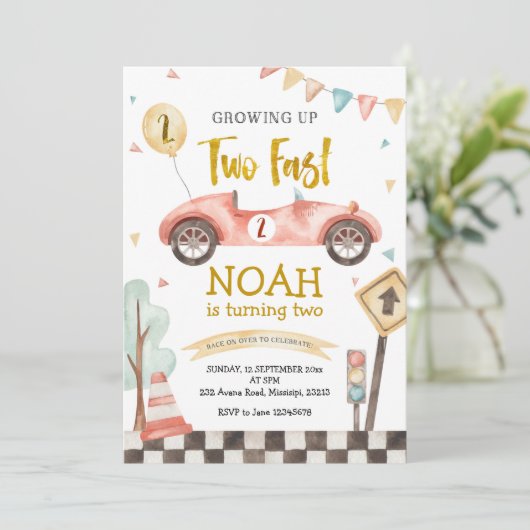 2人のファーストボーイセカンド誕生日レトロレーシングカー 招待状 (スタンド正面)