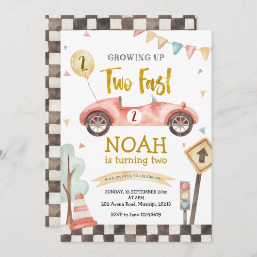 2人のファーストボーイセカンド誕生日レトロレーシングカー 招待状 (正面/裏面)