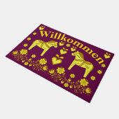 2人のフォークのDalaの馬、金ゴールドまたはプラムWillkommenの歓迎 ドアマット (アングル)